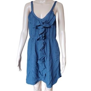Rebecca Taylor Womens Sleeveless Blue Silk Dress Short Ruffled Pockets Size 8